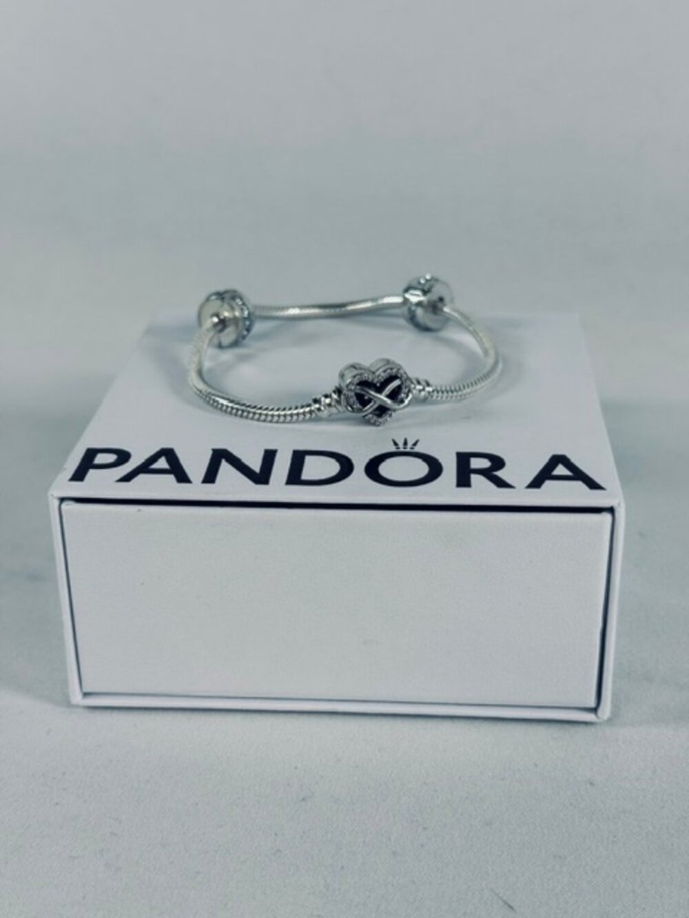 Pandora Sparkling Infinity Heart Bracelet w/ 2 Clip Charms, Silver, Box GIFTABLE